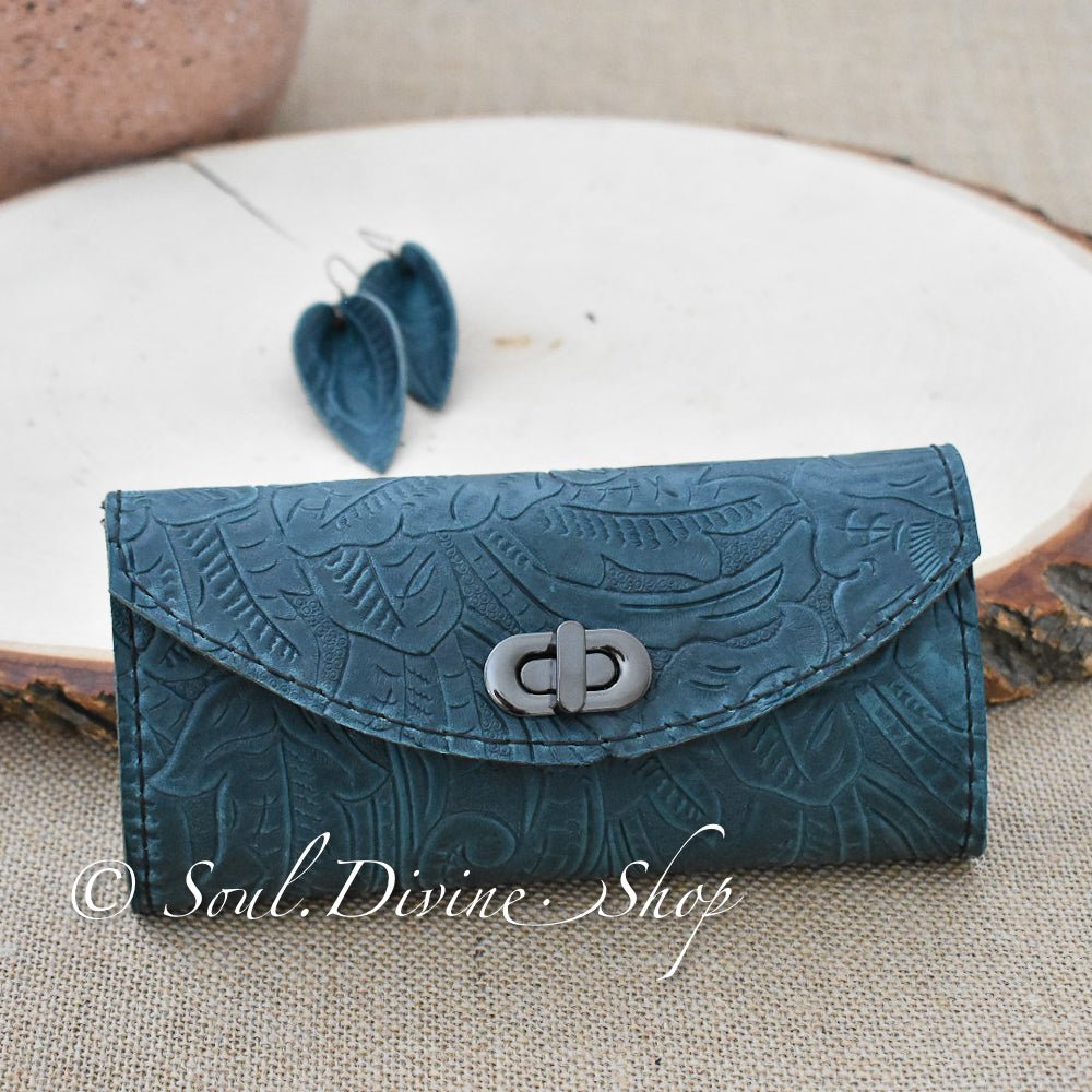 Dark Teal Floral Embossed Leather Clutch Wallet - Soul Divine