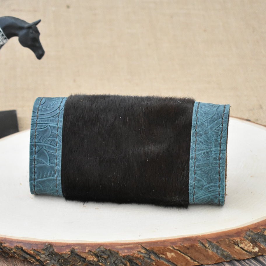 Dark Teal Floral Leather Wallet with Dark Brown Hair on Hide Inlay - Soul Divine