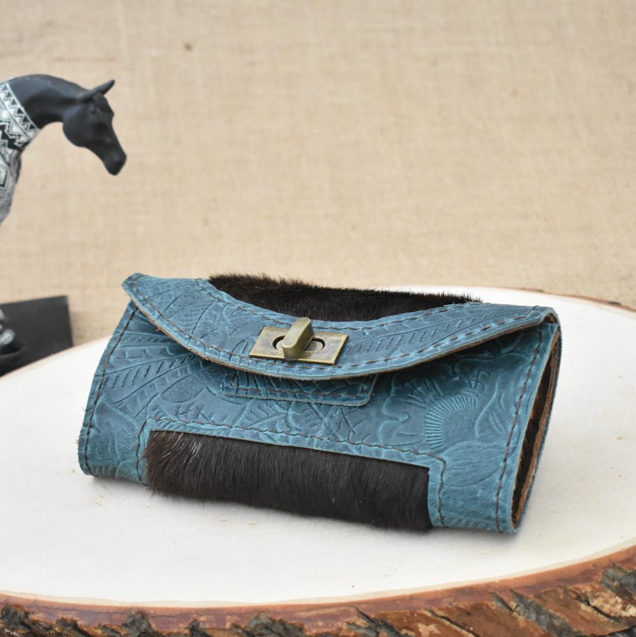 Dark Teal Floral Leather Wallet with Dark Brown Hair on Hide Inlay - Soul Divine