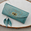 Teal and Gold Floral Embossed Leather Clutch Wallet - Soul Divine